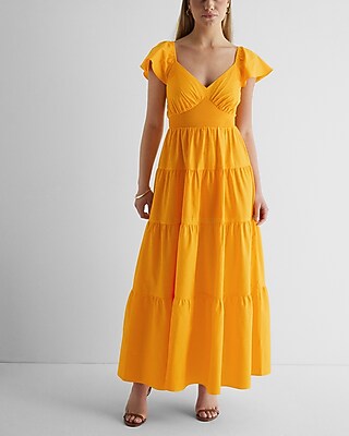 V-neck Flutter Sleeve Tiered Poplin Maxi Dress | Express