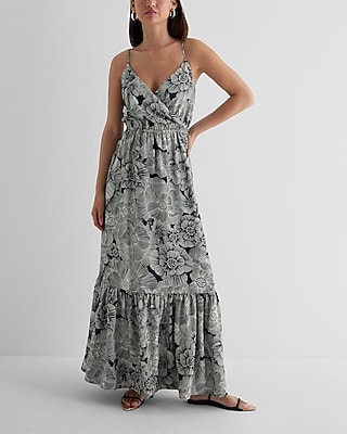 chinese dress ladies Taupe Palm Print Chiffon Wrap Front V-Neck Long Sleeve Maternity Maxi   PinkBlush