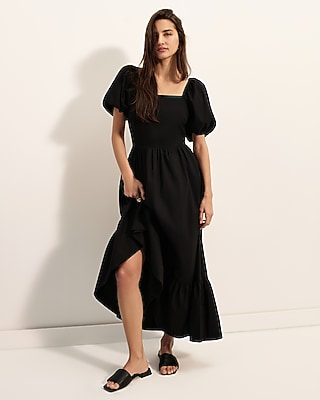 Square Neck Puff Sleeve Tiered Poplin Maxi Dress | Express