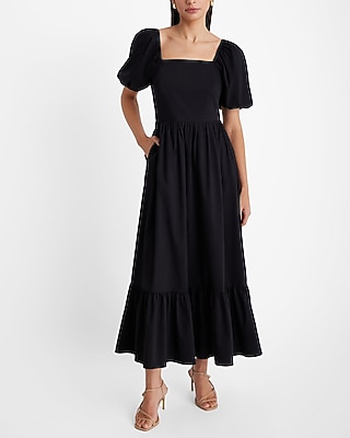Square Neck Puff Sleeve Tiered Poplin Maxi Dress | Express