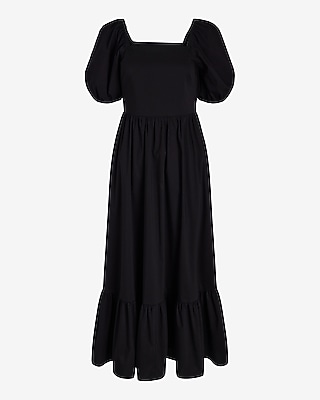 Square Neck Puff Sleeve Tiered Poplin Maxi Dress | Express