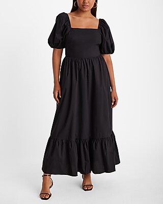 Square Neck Puff Sleeve Tiered Poplin Maxi Dress | Express