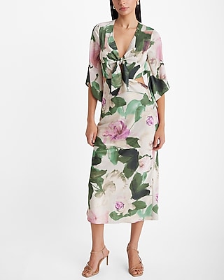 Satin Floral V-neck Tie Front Cutout Midi Dress | Express