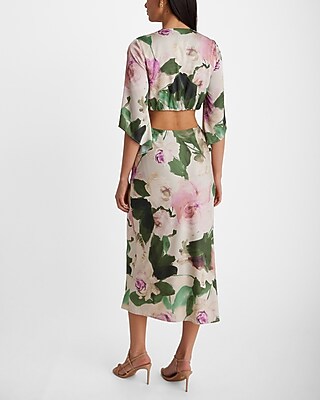 Satin Floral V-neck Tie Front Cutout Midi Dress