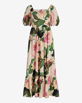 Floral Square Neck Puff Sleeve Tiered Poplin Maxi Dress