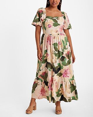 Floral Square Neck Puff Sleeve Tiered Poplin Maxi Dress