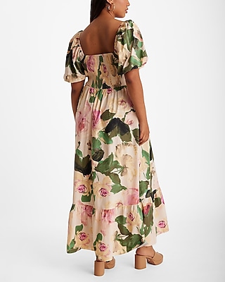 Floral Square Neck Puff Sleeve Tiered Poplin Maxi Dress