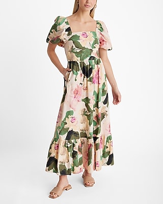 Floral Square Neck Puff Sleeve Tiered Poplin Maxi Dress