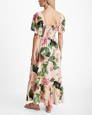 Floral Square Neck Puff Sleeve Tiered Poplin Maxi Dress