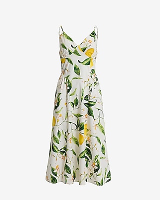 Lemon Floral Sleeveless V-Neck Ruched Midi Dress