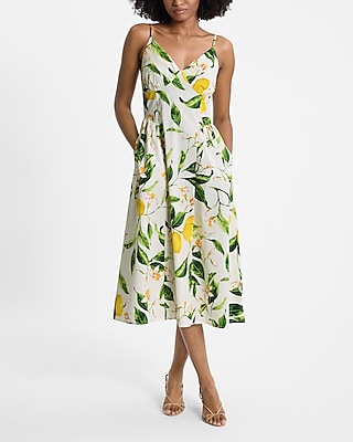 Lemon Floral Sleeveless V-Neck Ruched Midi Dress