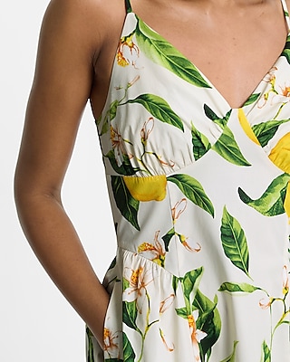 Lemon Floral Sleeveless V-Neck Ruched Midi Dress