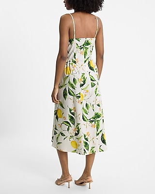 Lemon Floral Sleeveless V-Neck Ruched Midi Dress