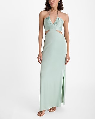 green emerald velvet dress Satin Halter Pleats Dark Green Wedding Guest Dress