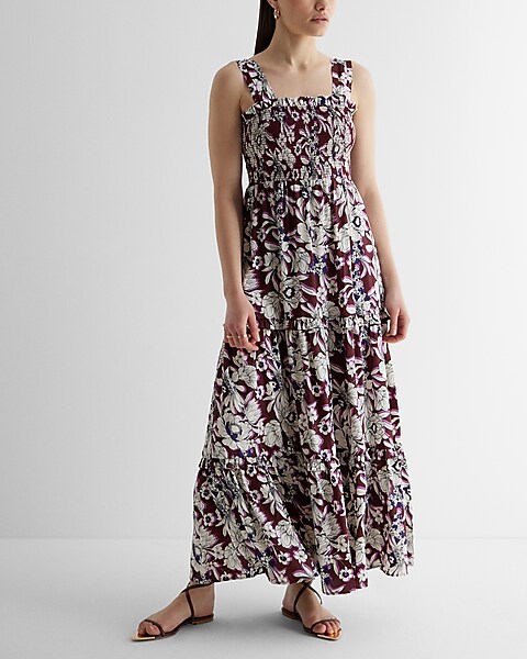 Express Casual Floral Square Neck Smocked Tiered Maxi Dress Multi-Color Women's Xs