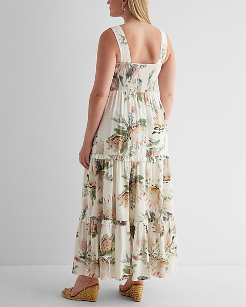 Bare Sq Nk Smocked Bodice Tiered Linen Maxi - Print White Bare Sq Nk Smocked Bodice Tiered Linen Maxi - Print White