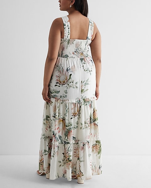 Bare Sq Nk Smocked Bodice Tiered Linen Maxi - Print White Bare Sq Nk Smocked Bodice Tiered Linen Maxi - Print White