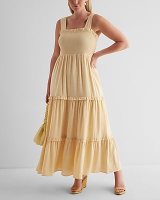 Linen-blend Square Neck Smocked Tiered Maxi Dress | Express
