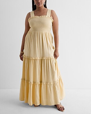 BARE SQ NK SMOCKED BODICE TIERED LINEN MAXI - SOLID - KV 9418456:ITALIAN STRAW:XL