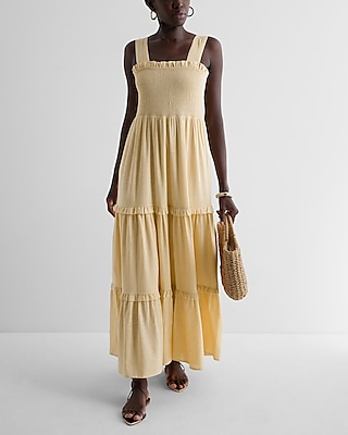 BARE SQ NK SMOCKED BODICE TIERED LINEN MAXI - SOLID - KV 9418456:ITALIAN STRAW:XL