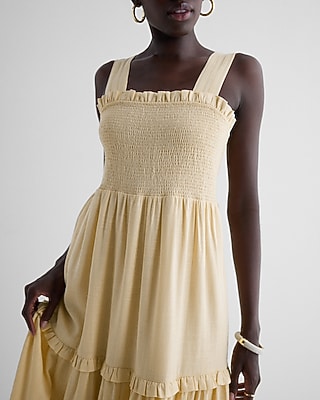 BARE SQ NK SMOCKED BODICE TIERED LINEN MAXI - SOLID - KV 9418456:ITALIAN STRAW:XL