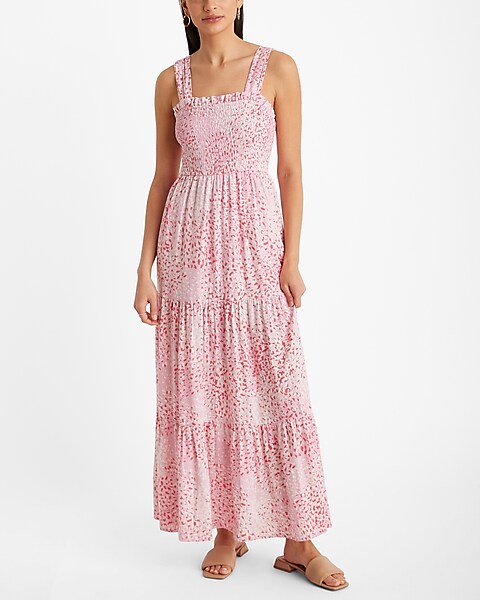 Linen-blend Printed Square Neck Sleeveless Smocked Tiered Maxi Dress