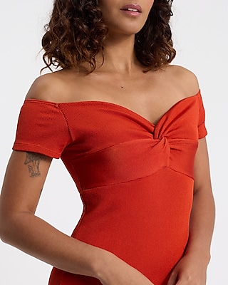 Body Contour Seamless Ribbed Off The Shoulder Twist Midi Dress