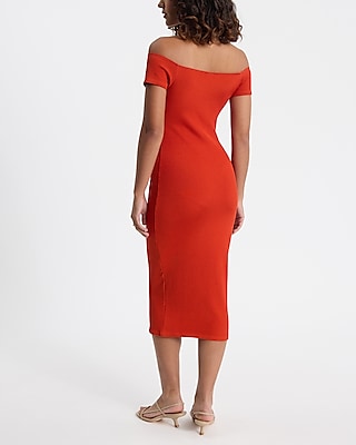 Body Contour Seamless Ribbed Off The Shoulder Twist Midi Dress