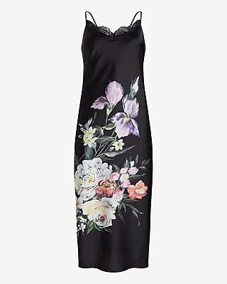 Satin Floral Lace Trimmed Midi Slip Dress | Express