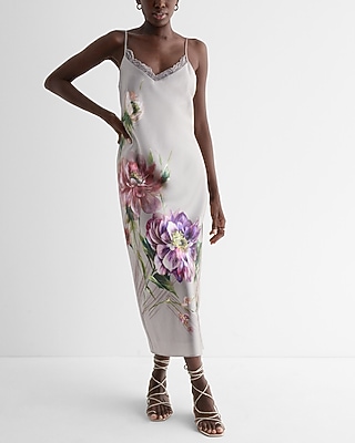 Satin Floral Lace Trimmed Midi Slip Dress