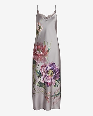 Satin Floral Lace Trimmed Midi Slip Dress