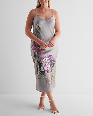 Satin Floral Lace Trimmed Midi Slip Dress | Express