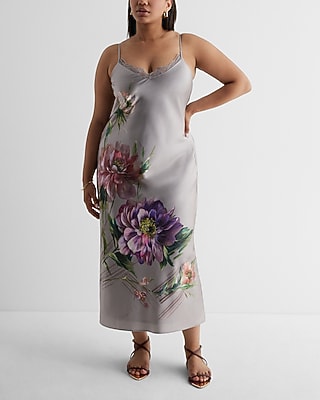 Satin Floral Lace Trimmed Midi Slip Dress
