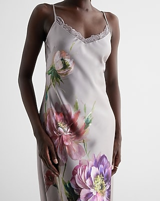 Satin Floral Lace Trimmed Midi Slip Dress