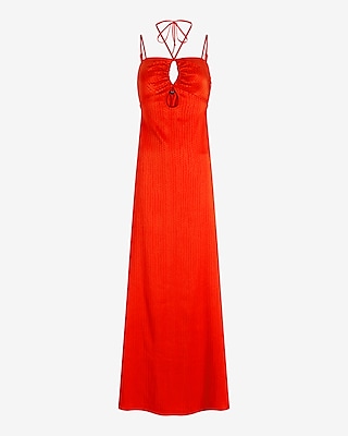 Jacquard Satin Halter Sleeveless Strappy Cutout Maxi Dress