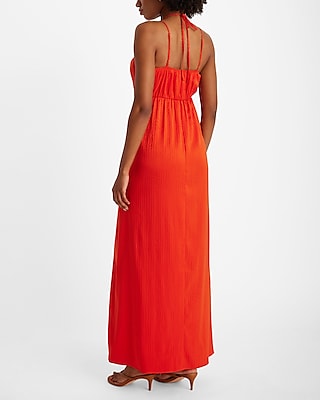 Jacquard Satin Halter Sleeveless Strappy Cutout Maxi Dress