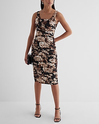 Satin Floral Draped Neck Ruched Midi Sheath Dress