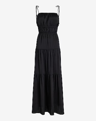 Square Neck Sleeveless Tie Shoulder Ruched Tiered Maxi Dress