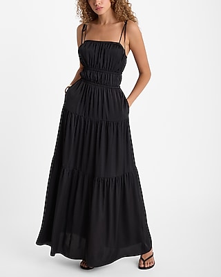 Square Neck Sleeveless Tie Shoulder Ruched Tiered Maxi Dress