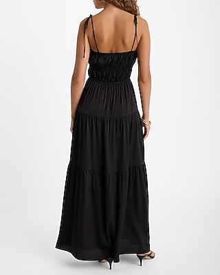 Square Neck Sleeveless Tie Shoulder Ruched Tiered Maxi Dress