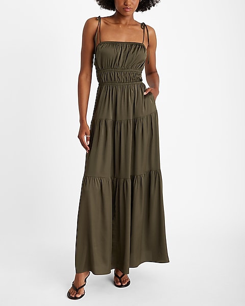 Square Neck Sleeveless Tie Shoulder Ruched Tiered Maxi Dress Square Neck Sleeveless Tie Shoulder Ruched Tiered Maxi Dress