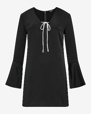 Satin V-Neck Bell Sleeve Contrast Bow Mini Dress