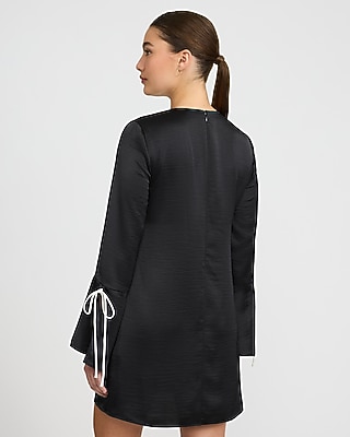 Satin V-Neck Bell Sleeve Contrast Bow Mini Dress