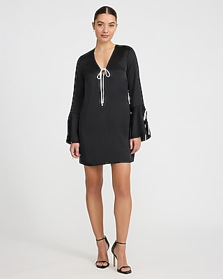 Satin V-Neck Bell Sleeve Contrast Bow Mini Dress