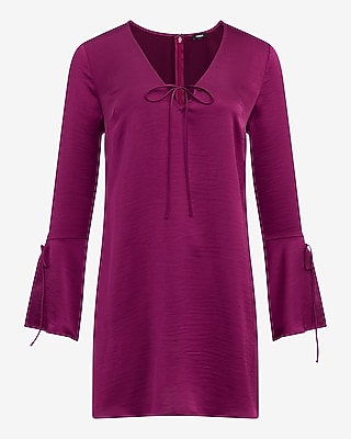 Satin V-Neck Bell Sleeve Bow Mini Dress - image 4