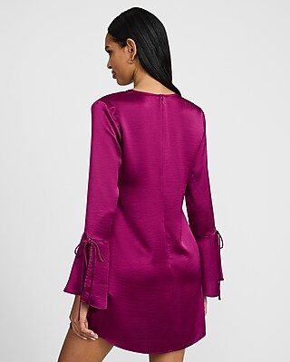 Satin V-Neck Bell Sleeve Bow Mini Dress - image 2