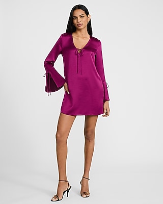 Satin V-Neck Bell Sleeve Bow Mini Dress - image 3