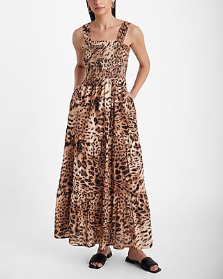 Leopard Metallic Dot Square Neck Sleeveless Tiered Maxi Dress