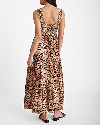 Leopard Metallic Dot Square Neck Sleeveless Tiered Maxi Dress