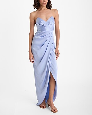 Satin Strapless Removable Puff Sleeves Side Slit Midi Sheath Dress